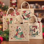 Personalized Christmas Tree Snowflake Initial Jute Tote Bag with Name Christmas Daily Use Gift for Kids Women