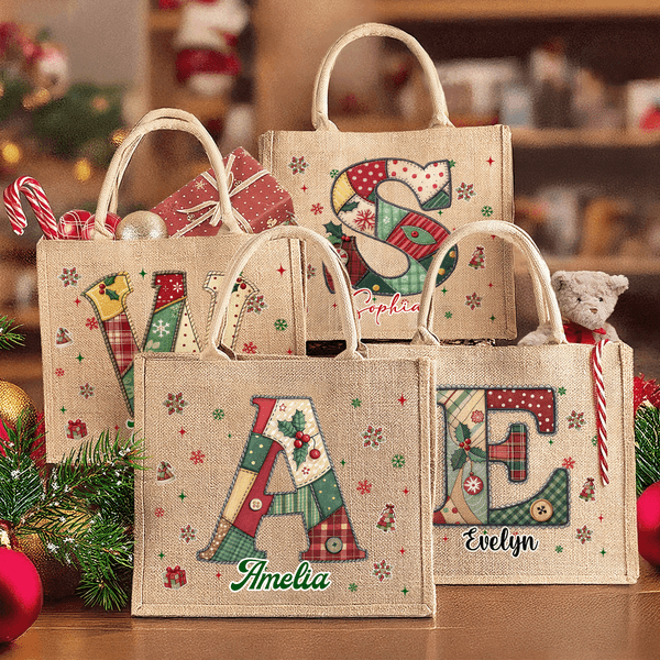 Personalized Christmas Tree Snowflake Initial Jute Tote Bag with Name Christmas Daily Use Gift for Kids Women