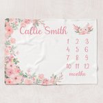 Personalized Pink Floral Milestone Blanket with Name Baby Shower Photo Prop Gift for Baby Girls