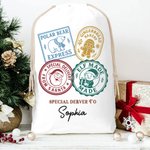 Personalized Christmas Stamp Special Delivery Drawstring Canvas Gift Bag with Name Christmas Eve Party Favors for Kids Friends Family