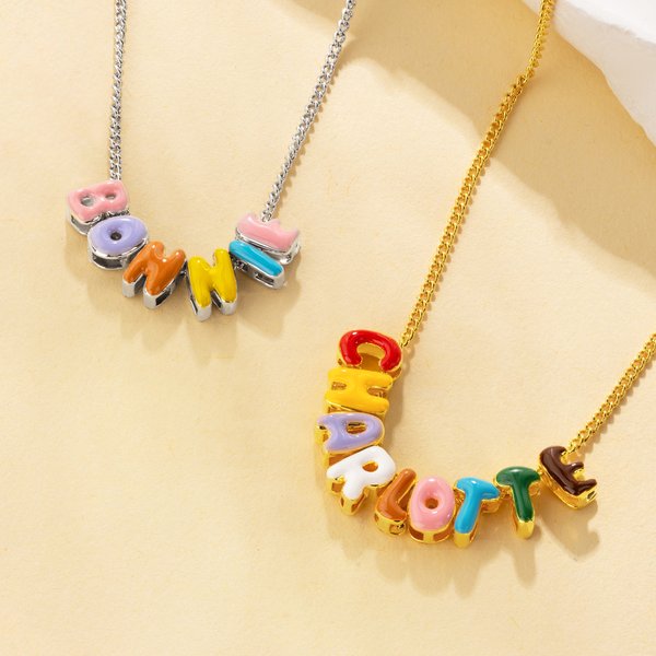 Personalized Colourful 3D Enamel Bubble Letter Name Sterling Silver Necklace Minimalist Jewellery Birthday Gift for Women Kids