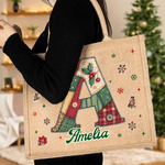 Personalized Christmas Tree Snowflake Initial Jute Tote Bag with Name Christmas Daily Use Gift for Kids Women
