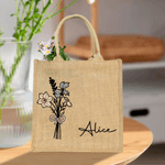 Personalized Watercolor Birth Flower Bouquet Large Jute Tote Bag with Name Bridesmaid Mother's Day Birthday Gift for Women