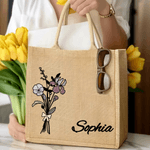 Personalized Watercolor Birth Flower Bouquet Large Jute Tote Bag with Name Bridesmaid Mother's Day Birthday Gift for Women