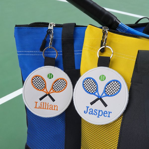 Personalised Multicolour Tennis Racket Design Bag Tag Keychain with Embroidered Name Birthday Club Team Gift for Tennis Players Lovers