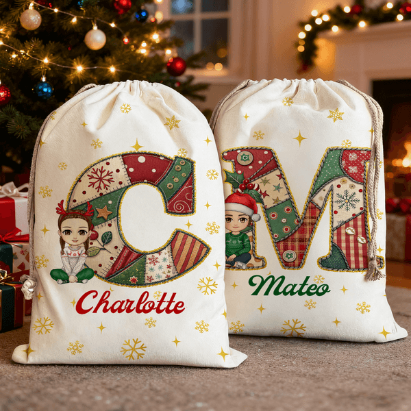 Personalised Christmas Cartoon Character Initial Canvas Drawstring Bag with Name Christmas Gift for Family Friends