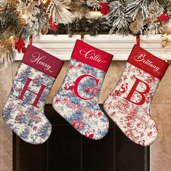 Personalised Toile De Jouy Style Santa Claus Initial Hanging Christmas Stocking with Name Home Decor Christmas Gift for Kid Family
