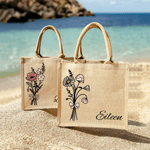 Personalized Watercolor Birth Flower Bouquet Large Jute Tote Bag with Name Bridesmaid Mother's Day Birthday Gift for Women