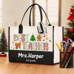 Personalized Best Teacher Cute Christmas Letter Large Cotton and Linen Tote Bag with Name and Text Christmas Gift for Teacher