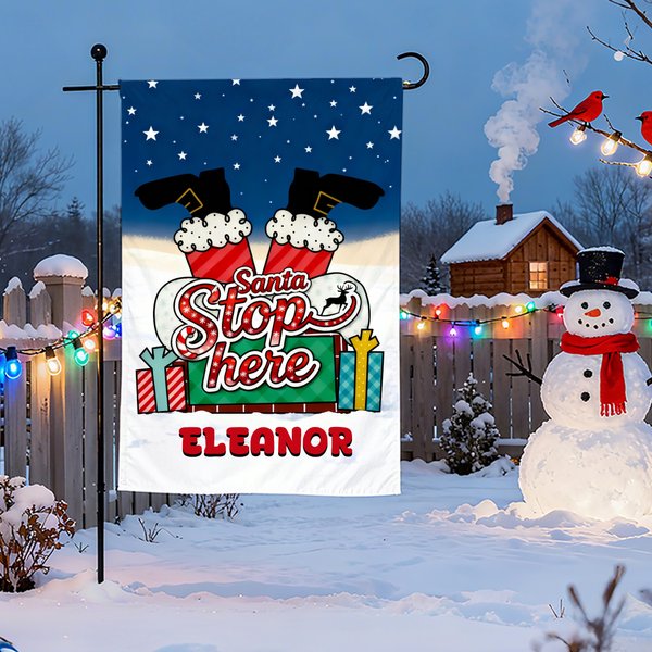 Gepersonaliseerde Kerstman Stop Hier Schoorsteen Kerstman Tuinvlag met Tekst Yard Porch Decor Kerstcadeau voor familie tuinliefhebbers