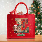 Chapeau de Père Noël Personnalisé Initiale Personnage Cartoon Rouge Grand Sac Fourre-tout en jute avec Nom Utilisation quotidienne Cadeau de Noël pour la Famille Les Amis