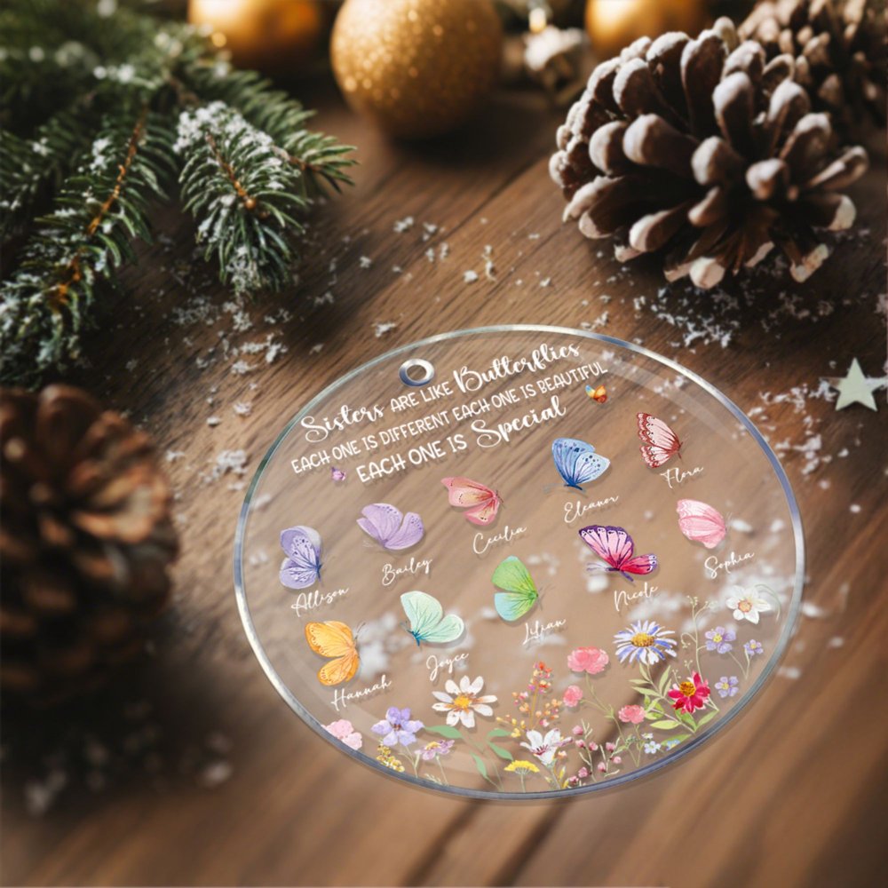 Gepersonaliseerd Kleurrijke Bloem 2-10 Vlinders Ontwerp Duidelijk Acryl Ornament met Namen Boom Decor Kerstcadeau voor Zussen Besties 4