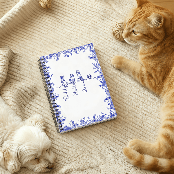 Personalized Toile De Jouy 1-7 Line Art Dogs Cats A5 Spiral Journal Notebook with Names Memorial Birthday Gift for Pet Owners Lovers