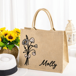Personalized Watercolour Birth Flower Bouquet Large Jute Tote Bag with Name Bridesmaid Mother's Day Birthday Gift for Women
