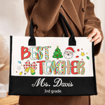 Personalized Best Teacher Cute Christmas Letter Large Cotton and Linen Tote Bag with Name and Text Christmas Gift for Teacher