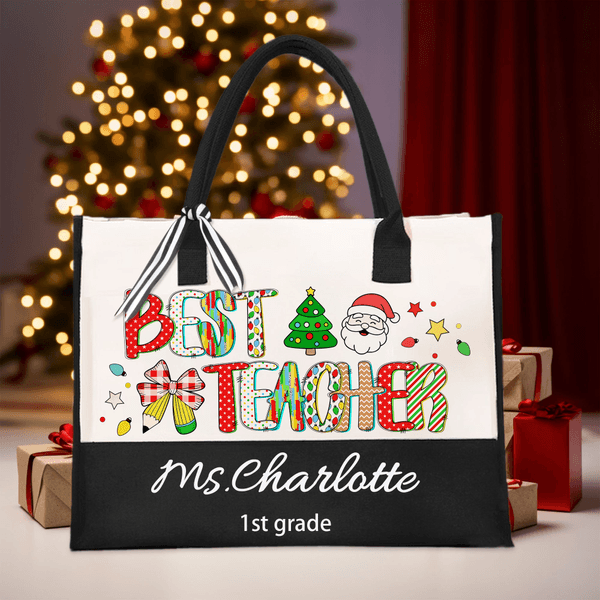 Personlig Best Teacher Cute Christmas Letter Stor bomulls- og linveske med navn og tekst Julegave til læreren