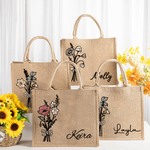 Personalized Watercolor Birth Flower Bouquet Large Jute Tote Bag with Name Bridesmaid Mother's Day Birthday Gift for Women