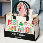 Personalized Best Teacher Cute Christmas Letter Large Cotton and Linen Tote Bag with Name and Text Christmas Gift for Teacher