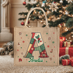 Personalized Christmas Tree Snowflake Initial Jute Tote Bag with Name Christmas Daily Use Gift for Kids Women