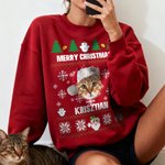 Gepersonaliseerd Multicolor Kerstmuts 1-2 Huisdier Gezicht Foto's Zacht Sweatshirt met Naam Kerstcadeau voor Huisdierbezitters