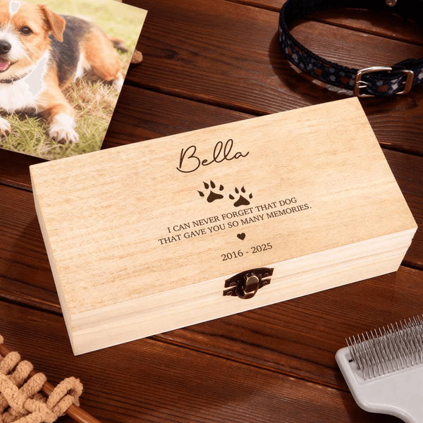 Caja de madera personalizada con nombre, fecha y texto en forma de corazón con estampado de pata de animal regalo de cumpleaños para dueños de mascotas