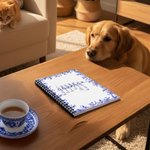 Personalized Toile De Jouy 1-7 Line Art Dogs Cats A5 Spiral Journal Notebook with Names Memorial Birthday Gift for Pet Owners Lovers