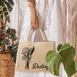 Personalized Watercolor Birth Flower Bouquet Large Jute Tote Bag with Name Bridesmaid Mother's Day Birthday Gift for Women