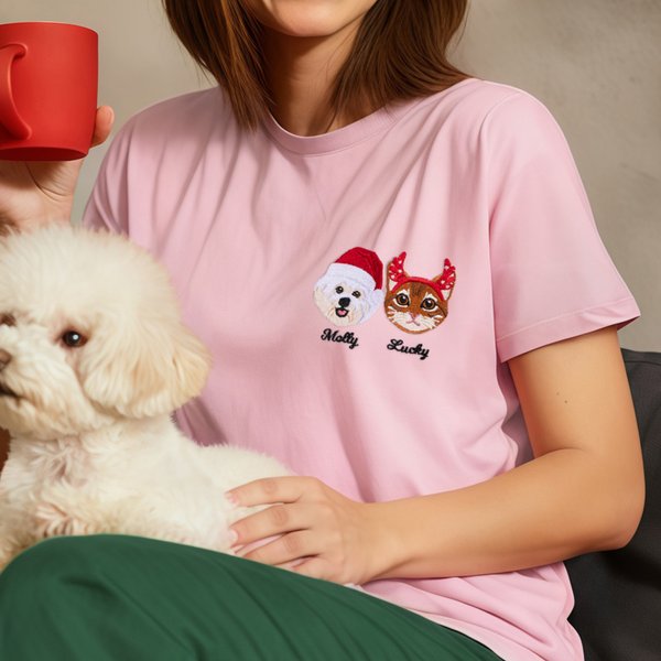 Personalised 1-3 Pet Face Photos Soft T-shirt Sweatshirt Hoodie with Embroidered Name Birthday Christmas Gift for Pet Lovers