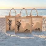 Personalized Watercolor Birth Flower Bouquet Large Jute Tote Bag with Name Bridesmaid Mother's Day Birthday Gift for Women