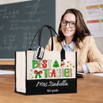 Personalized Best Teacher Cute Christmas Letter Large Cotton and Linen Tote Bag with Name and Text Christmas Gift for Teacher