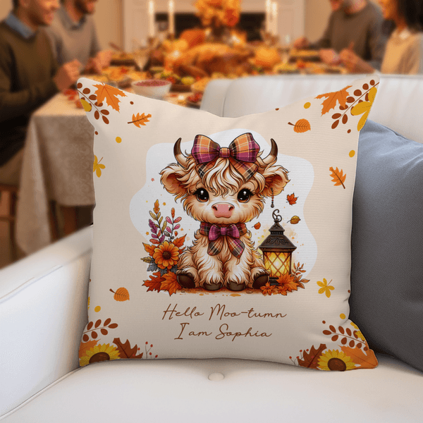 Personalised Autumn Highland Cow Pumpkin Soft Throw Pillow Cover with Name Home Decor Birthday Thanksgiving Day Gift for Family Kids