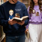 Personalized Cartoon Reading Character Stacked Books Soft T-shirt Sweatshirt Hoodie with Name and Title Book Club Family Gift for Adults Kids