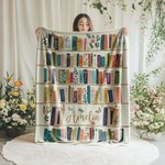 Personalizada Artística Retro Estantería Flores Silvestres Suave manta con nombre Regalo de cumpleaños para las mujeres amantes de los libros Ratones de biblioteca