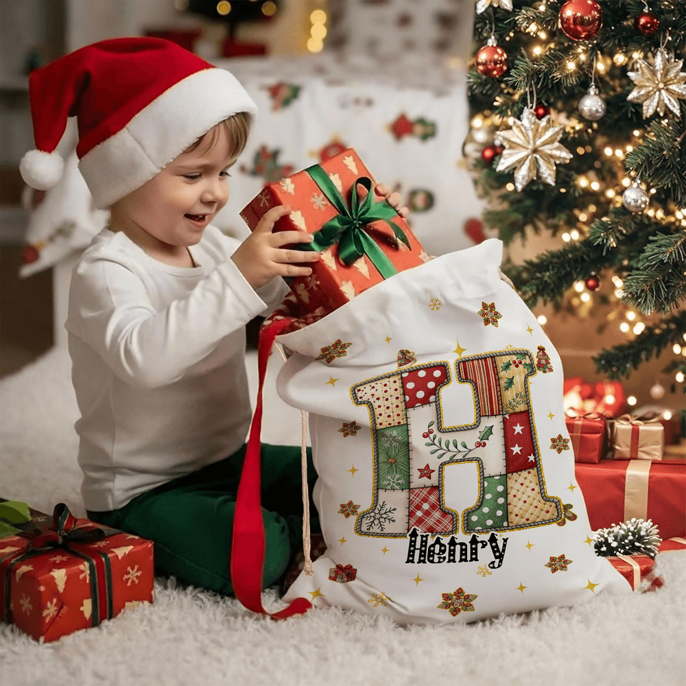 Árbol de Navidad Personalizado Copo de Nieve Inicial Bolsa de Regalo de Lona con Nombre Fiesta de Nochebuena para Niños Amigos Familia 5