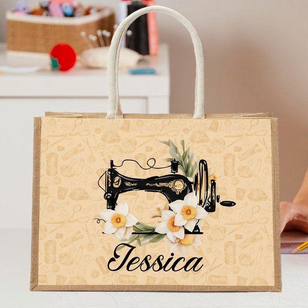 Personalized Sewing Machine Birth Flower Large Jute Tote Bag with Name Travel Accessories Holiday Appreciation Birthday Gift for Women Sewing Lovers
