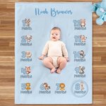 Gepersonaliseerd Schattige Dieren Maandelijks Mijlpaaldeken met Naam Fotoaccessoire Verjaardag Babyshower Cadeau voor Pasgeborenen