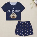 Gepersonaliseerde Grappige Hond Kat Huisdier Gezicht Foto Zachte Dames Pyjamaset met Korte Mouwen en Tekst Verjaardagscadeau Voor Huisdierliefhebbers