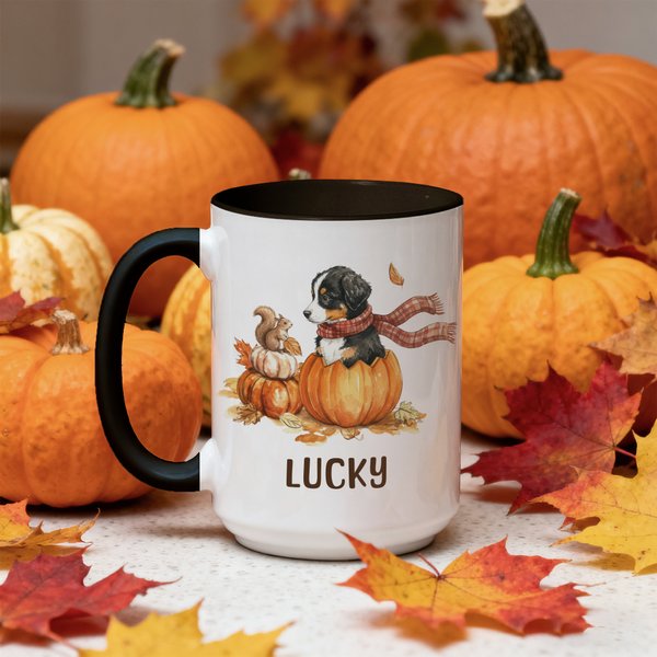 Personlig søt gresskarvalp 11 oz 15 oz keramisk kaffekrus med navn høst Thanksgiving bursdagsgave til hundeelskere eiere