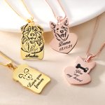 Personalized Engraved Rectangle and Heart Shaped Pet Portrait Photo Necklace with Text Pet Memorial Birthday Gift for Pet Lover Owner