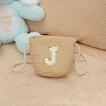 Gepersonaliseerde Boho Verstelbare Rieten Kindertas met Chenille Initiaal Verjaardag Bruiloft Kerstcadeau voor Peuters Bloemen Meisjes Kinderen
