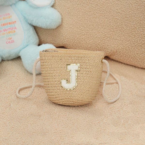 Personalized Boho Adjustable Straw Children's Bag with Chenille Initial Birthday Wedding Christmas Gift for Toddlers Flower Girls Kids