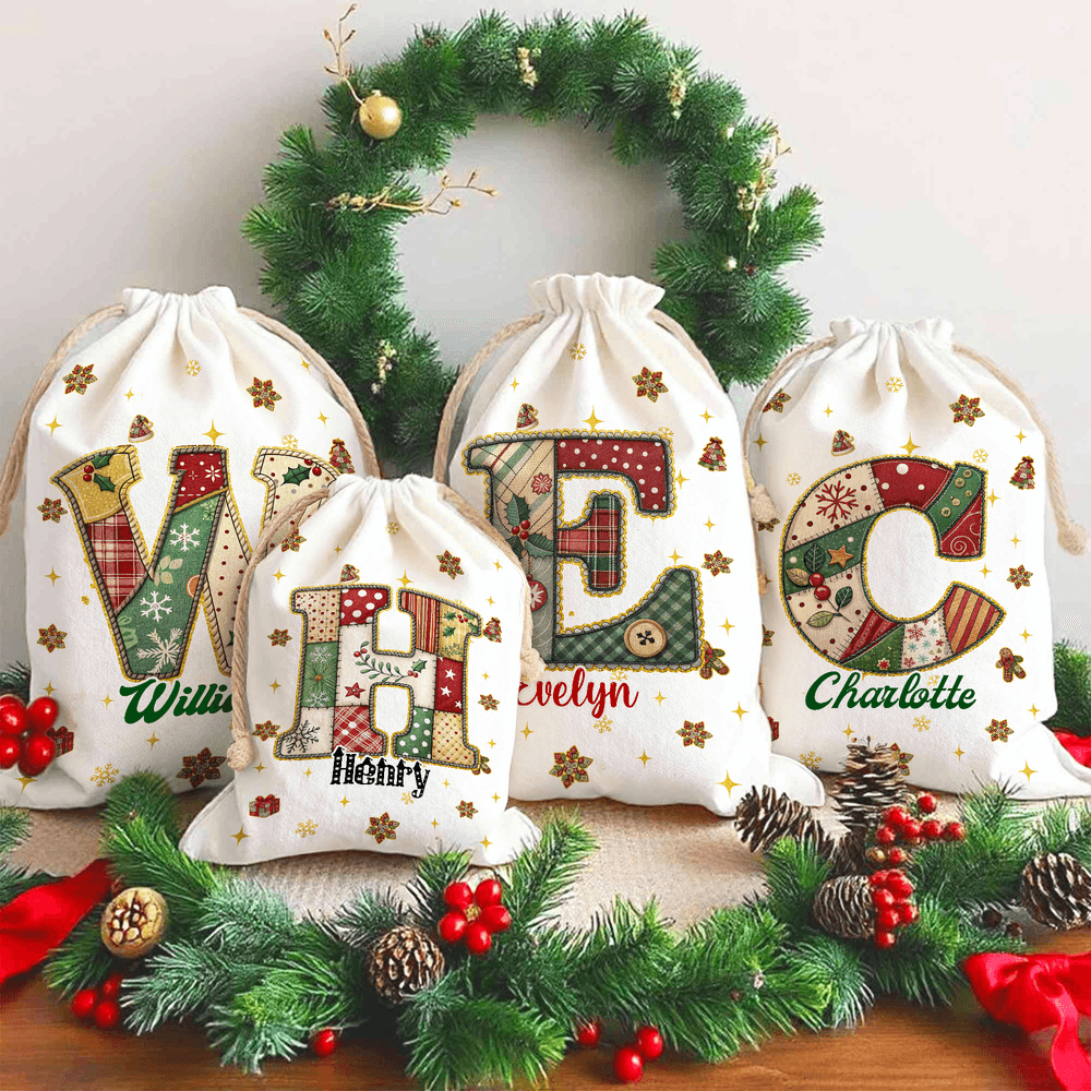 Árbol de Navidad Personalizado Copo de Nieve Inicial Bolsa de Regalo de Lona con Nombre Fiesta de Nochebuena para Niños Amigos Familia 2