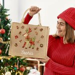 Spersonalizowany patchwork Element Choinka Święty Mikołaj Duża jutowa torba z imieniem Prezent świąteczny dla rodziny Dzieci
