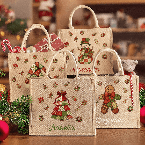 Personalised Patchwork Element Christmas Tree Santa Claus Large Jute Tote Bag with Name Christmas Gift for Family Kids
