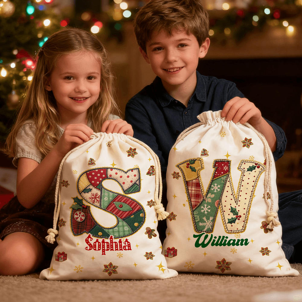 Árbol de Navidad Personalizado Copo de Nieve Inicial Bolsa de Regalo de Lona con Nombre Fiesta de Nochebuena para Niños Amigos Familia 7