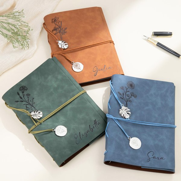 Taccuino ad anelli in pelle PU personalizzato con fiore nome e testo regalo di compleanno o festività per appassionati di scrittura