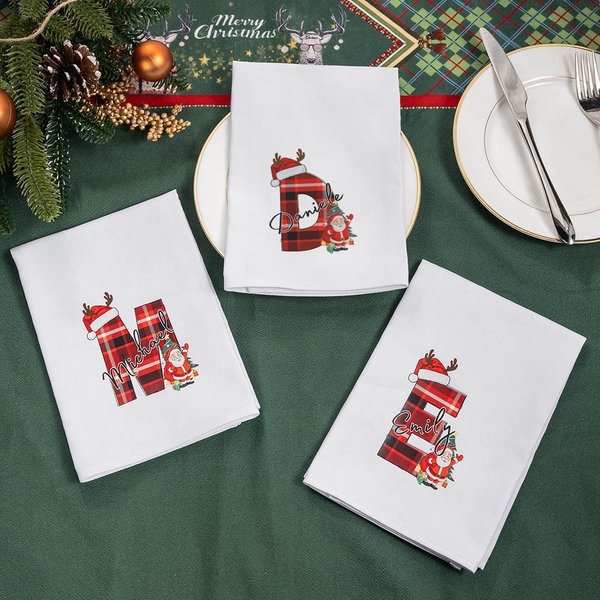 Tovagliolo natalizio personalizzato con nome e iniziale design a tema Babbo Natale 100% cotone decor da tavola regalo di Natale per amici e famiglia