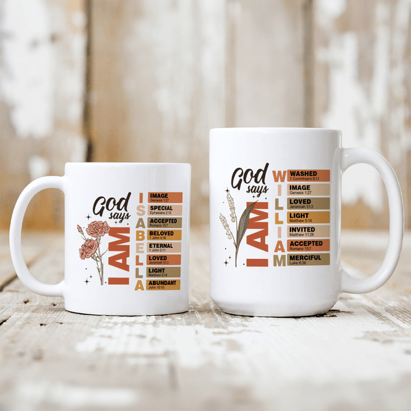 Personalized God Says Bible Verse 11 oz 15 oz Ceramic Coffee Mug with Name Birthday Christmas Gift for Family Friends Christians