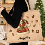 Spersonalizowany patchwork Element Choinka Święty Mikołaj Duża jutowa torba z imieniem Prezent świąteczny dla rodziny Dzieci