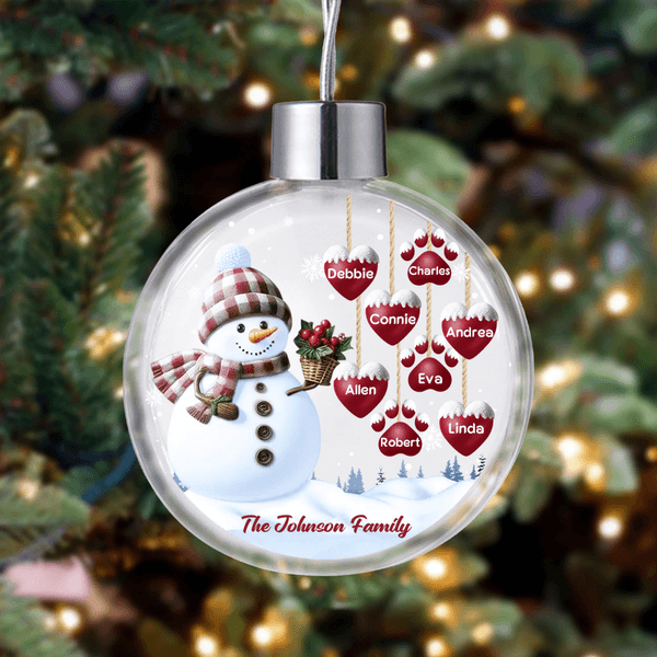 Personalized 1-14 Paw Prints Hearts Snowman Crystal Ball Shaped Ornament with Names and Text Tree Home Decor Merry Christmas Gift for Family Friends